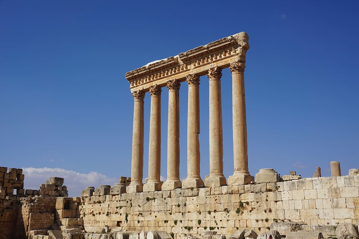 Roman columns standing at Baalbek temple ruins in Lebanon