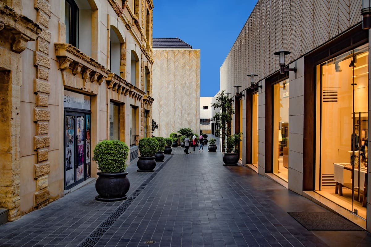 Old souk shopping street with stone buildings in Byblos Lebanon