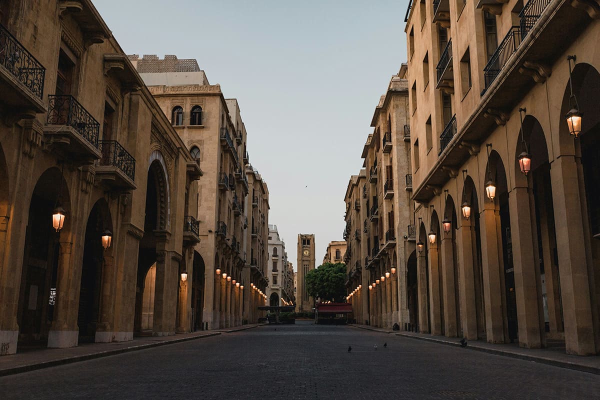 Downtown Beirut street with stone buildings and historic architecture in Lebanon