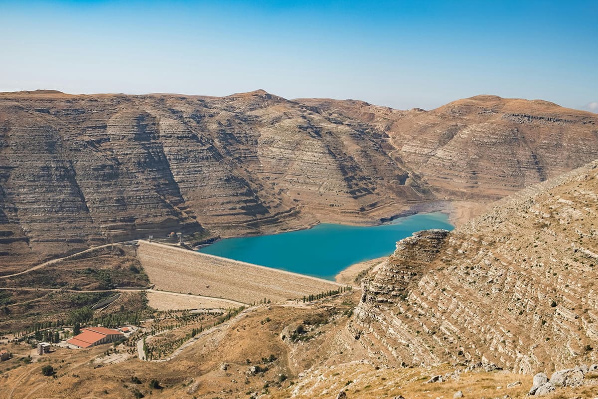 Qaraoun Lake and dry mountain scenery in the Bekaa Valley Lebanon