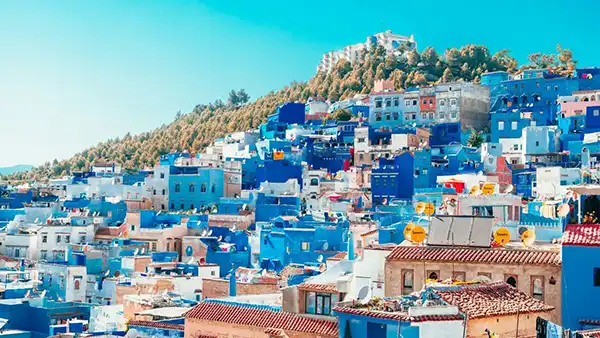 Blue streets and mountain setting in Chefchaouen Morocco