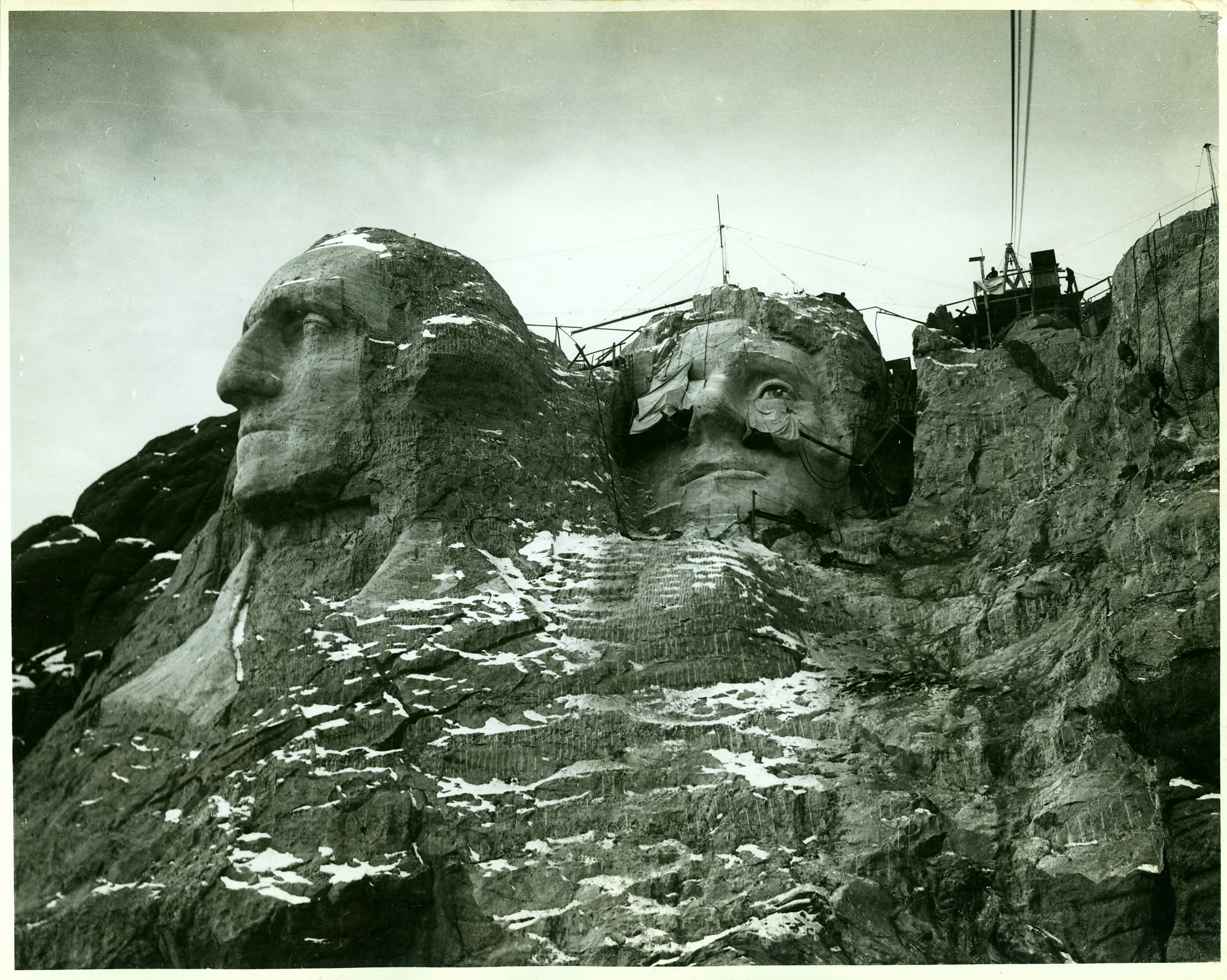 work progressing on Mount Rushmore during the winter