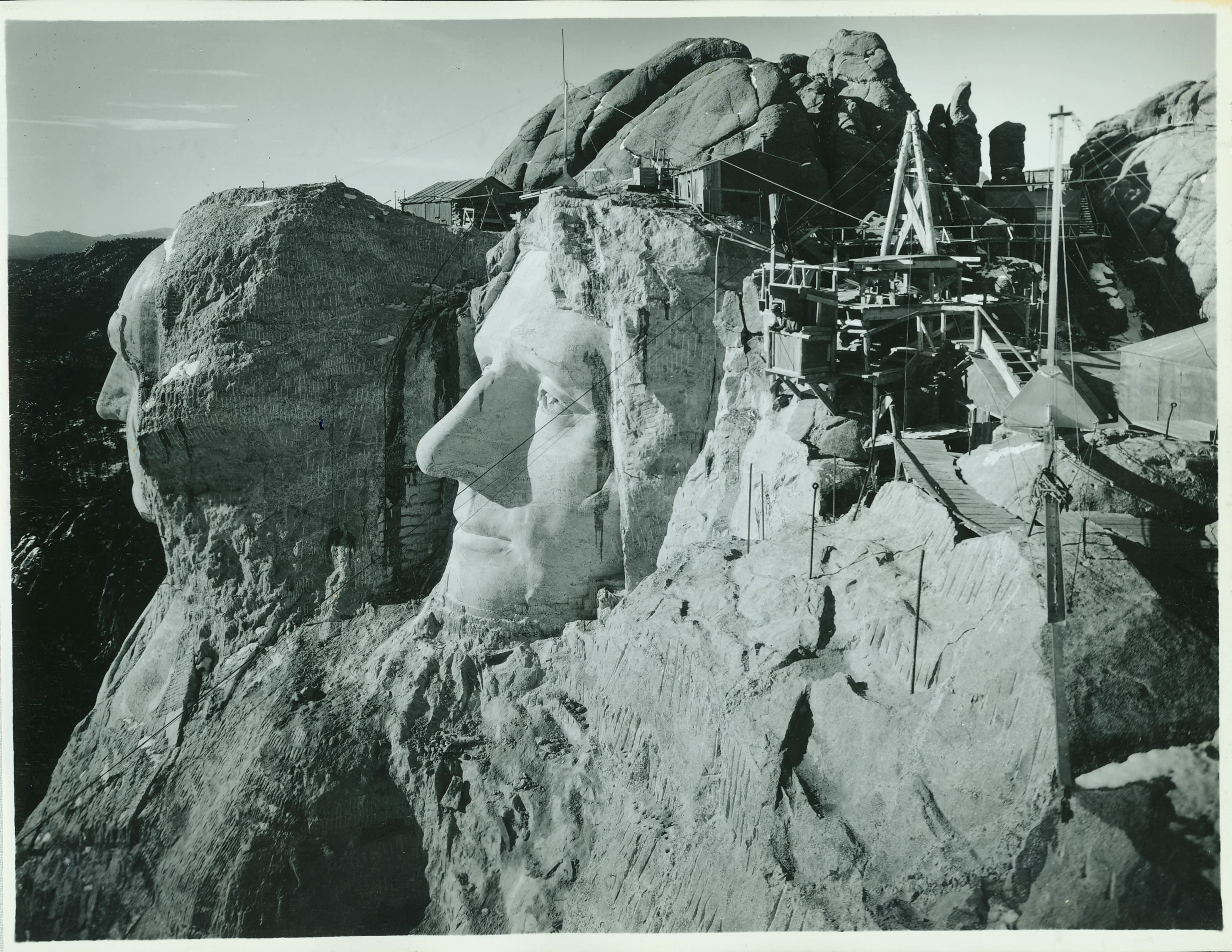work progressing on Mount Rushmore during the winter