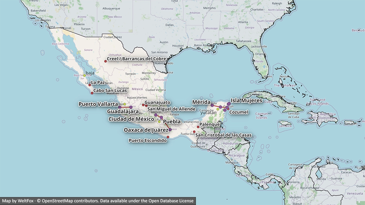 Mapa de México con los principales destinos para un primer viaje, entre ellos Ciudad de México, Oaxaca, Mérida, Cancún y Puerto Vallarta