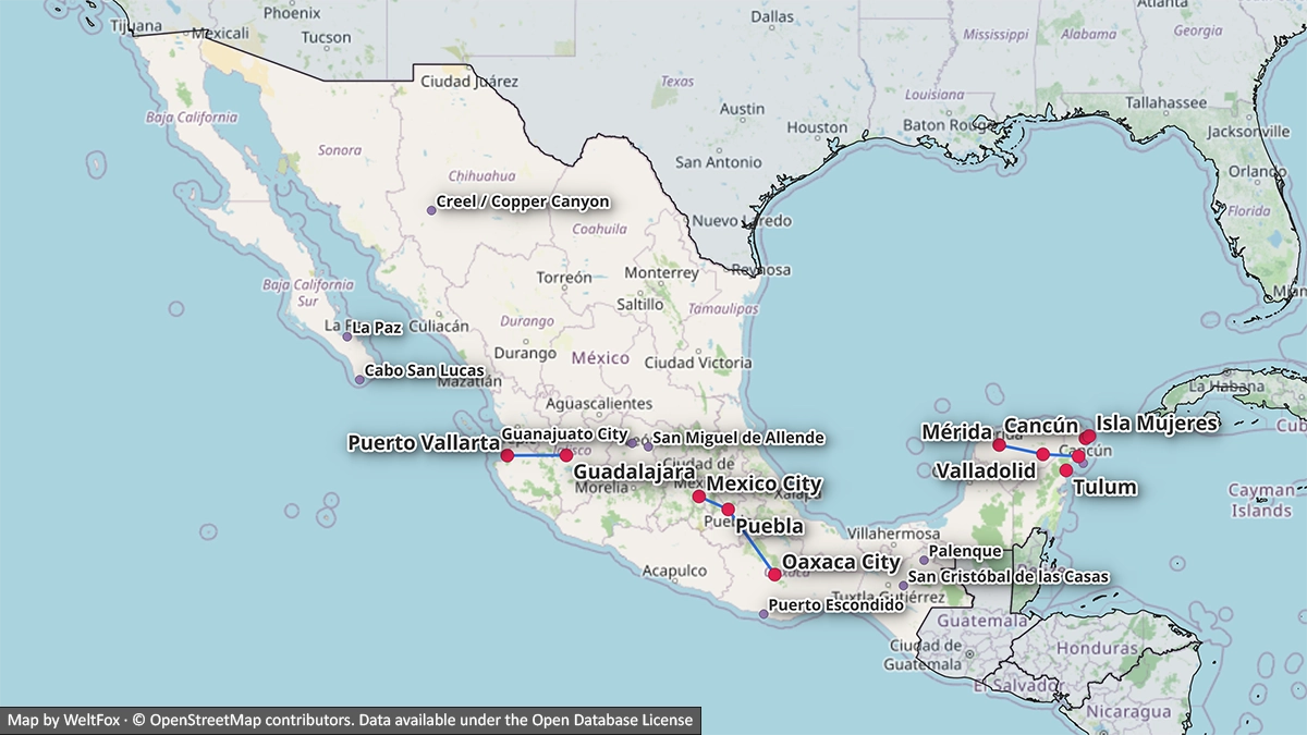 Orientation map of Mexico showing major first-trip destinations including Mexico City, Oaxaca, Mérida, Cancún and Puerto Vallarta