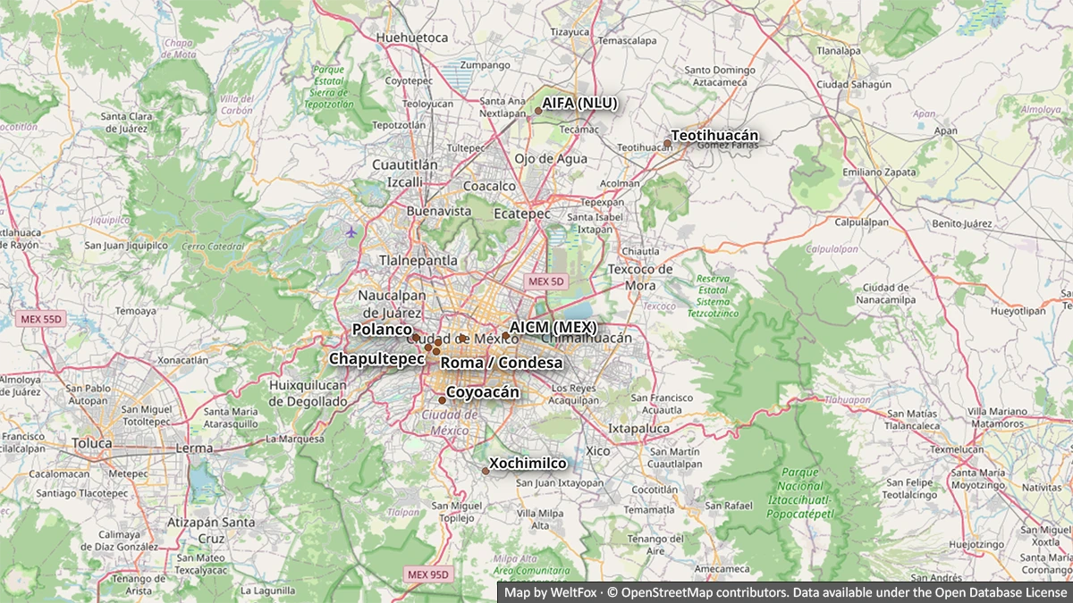 Mapa de orientación de Ciudad de México con zonas de visita, Coyoacán, Xochimilco, los aeropuertos y Teotihuacán.