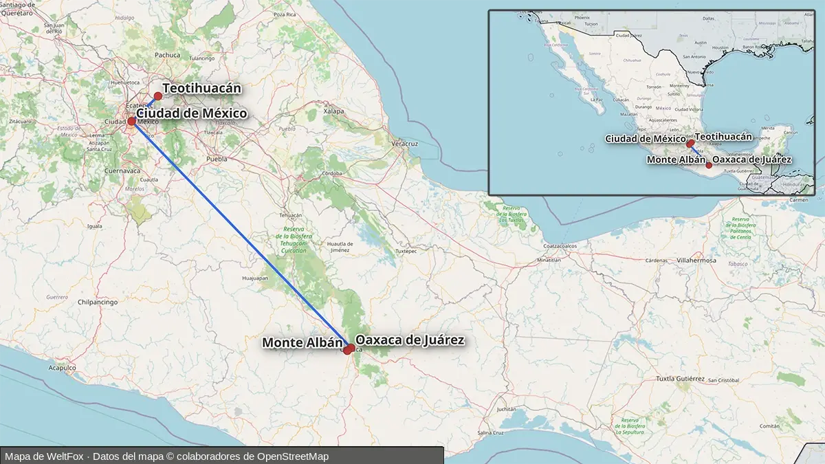 Mapa de un itinerario de 10 días por México entre Ciudad de México y Oaxaca, con excursiones a Teotihuacán y Monte Albán