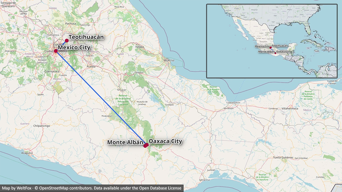 Map of a 10-day Mexico route between Mexico City and Oaxaca, with Teotihuacán and Monte Albán day trips
