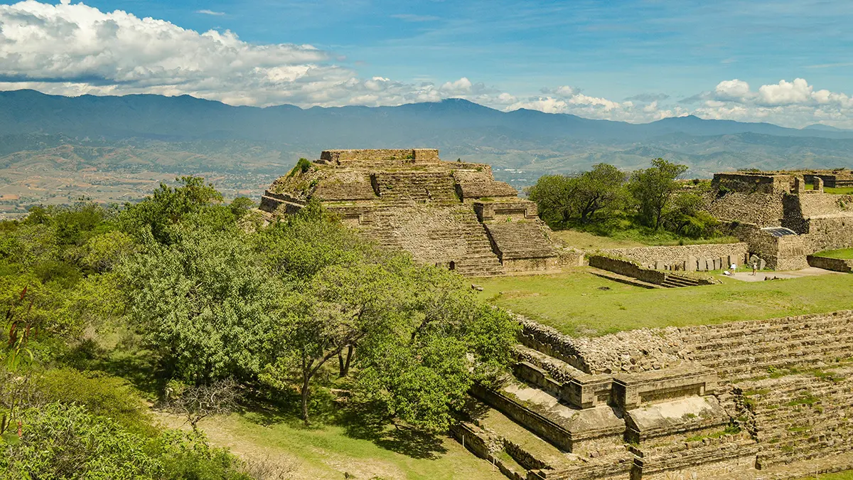 Stone platforms and mountain views at Monte Albán in Oaxaca