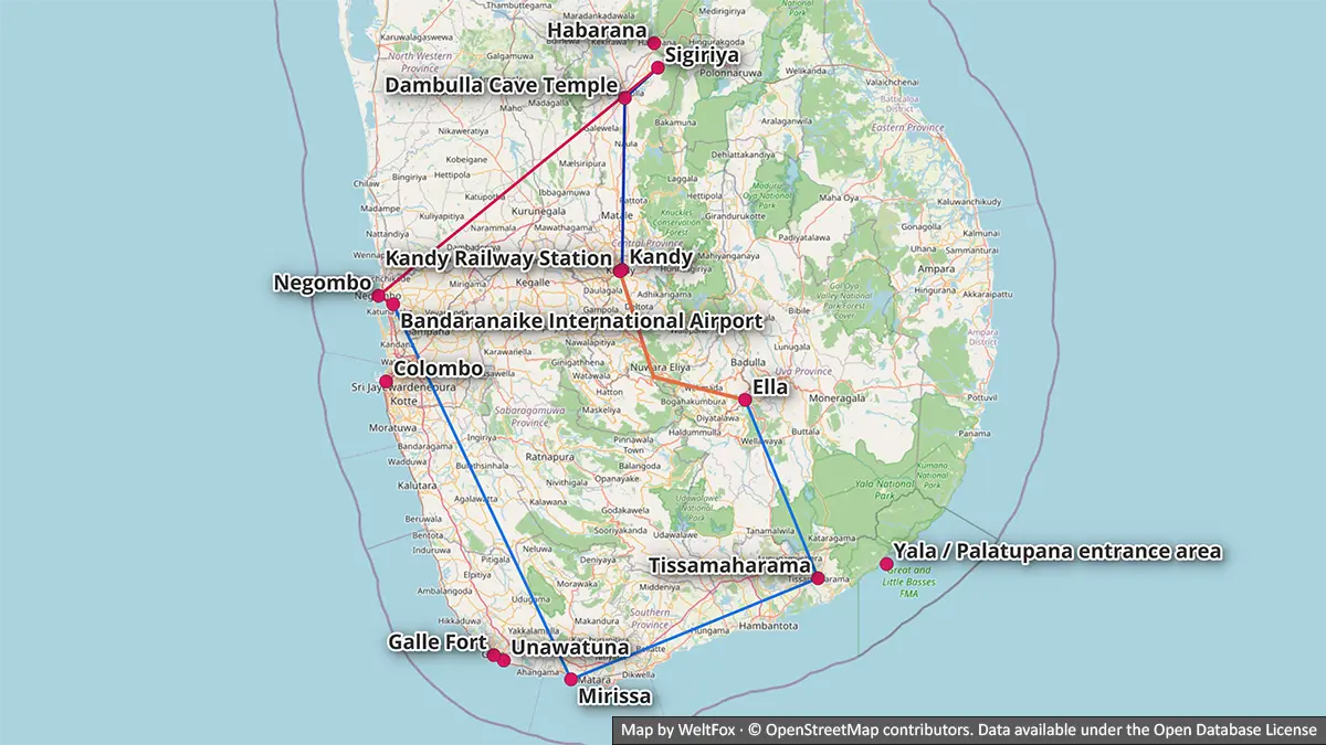 Mapa de una ruta de 10 días por Sri Lanka desde Negombo o Colombo, pasando por Sigiriya, Kandy y Ella, hasta Yala opcional y la costa sur