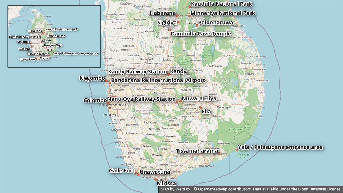 Mapa con las bases principales, las estaciones ferroviarias y las paradas opcionales de un itinerario de 10 días por Sri Lanka