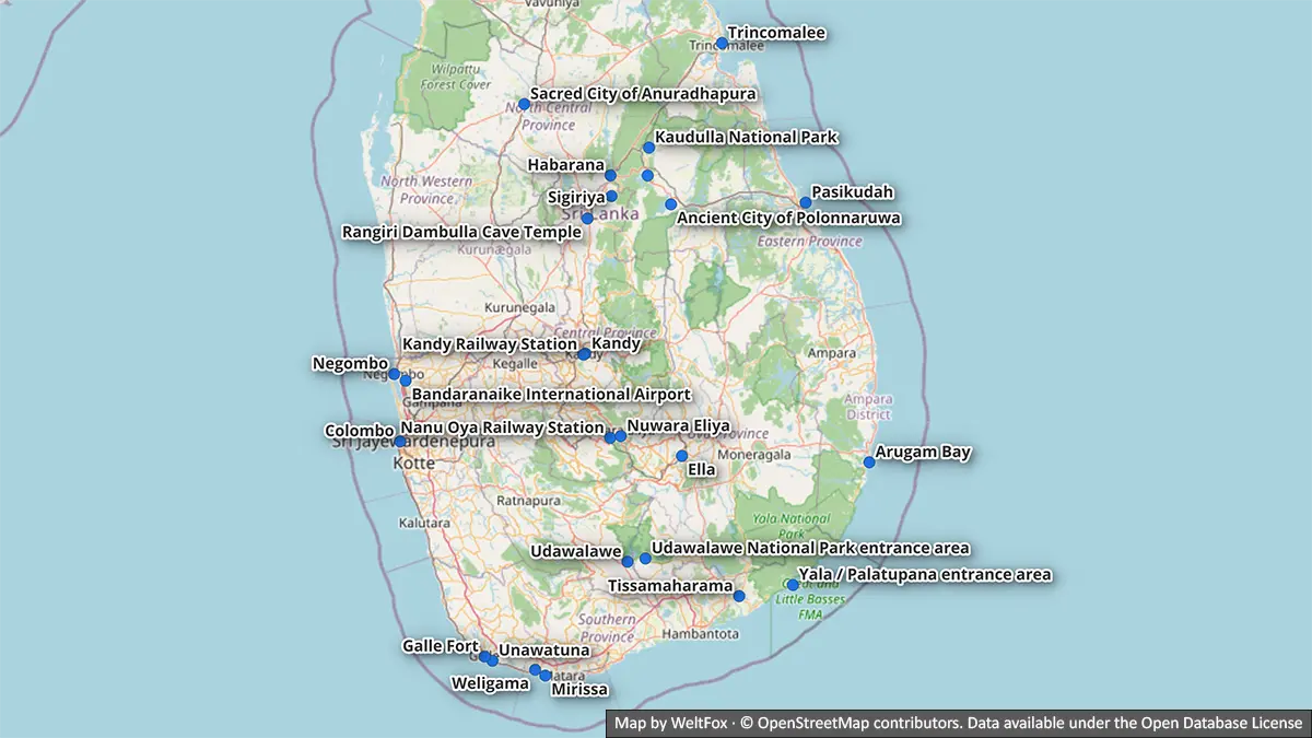 Mapa de las paradas principales y las alternativas de un itinerario de 14 días por Sri Lanka