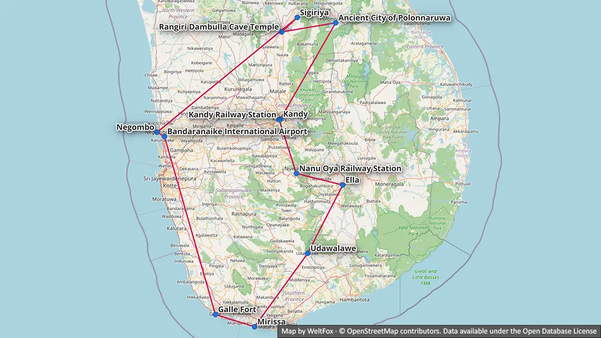 Mapa de una ruta de 14 días por Sri Lanka desde Negombo, el Triángulo Cultural, Kandy y Ella hasta el safari, la costa sur y Galle