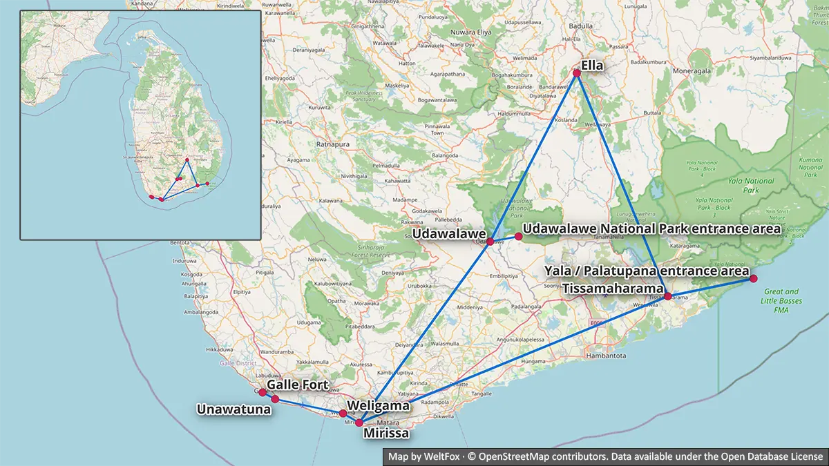Mapa que compara las rutas desde Ella por Udawalawe o Yala hasta Mirissa, Weligama, Unawatuna y Galle