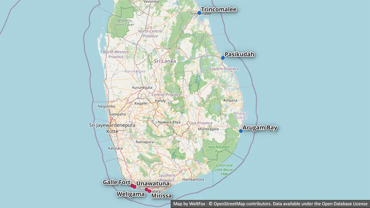 Mapa que compara las opciones de playa de la costa sur y la costa este para un itinerario de dos semanas por Sri Lanka