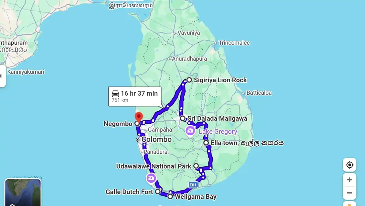 Mapa de una ruta de mochilero de 3 semanas por Sri Lanka que incluye Negombo, Sigiriya, Kandy, Ella, Udawalawe, Weligama, Galle y Colombo