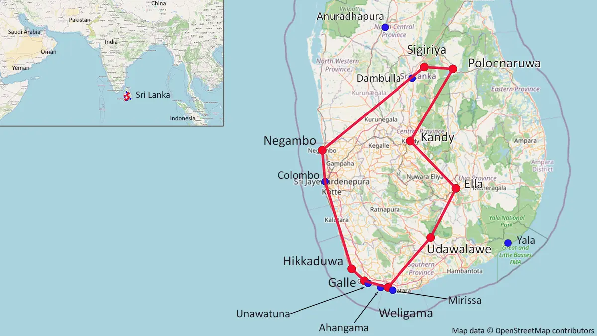 Map of a 3 week Sri Lanka backpacking route from Negombo to Sigiriya, Polonnaruwa, Kandy, Ella, Udawalawe, Weligama, Galle, Hikkaduwa and back to Negombo
