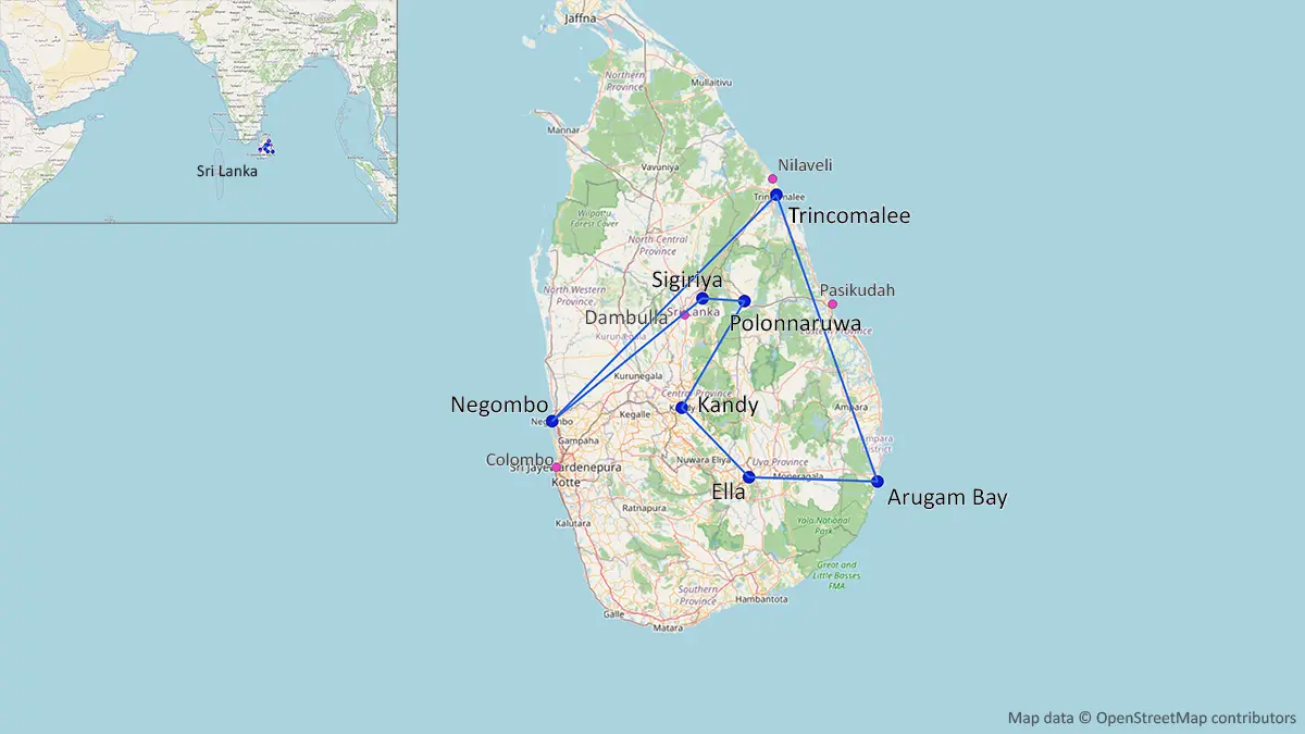 Map of a 3 week east coast Sri Lanka backpacking route from Negombo to Sigiriya, Dambulla, Polonnaruwa, Ella, Arugam Bay, Trincomalee and Nilaveli