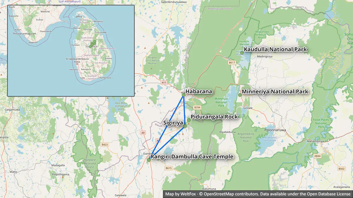 Mapa que muestra Sigiriya y Dambulla como las visitas principales del Triángulo Cultural, con Habarana, Pidurangala, Minneriya y Kaudulla como opciones cercanas