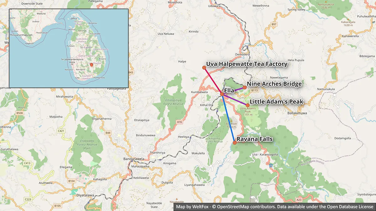 Mapa de Ella con Little Adam's Peak y el Puente de los Nueve Arcos como visitas principales, además de ramales opcionales hacia la fábrica de té Uva Halpewatte y las cataratas de Ravana