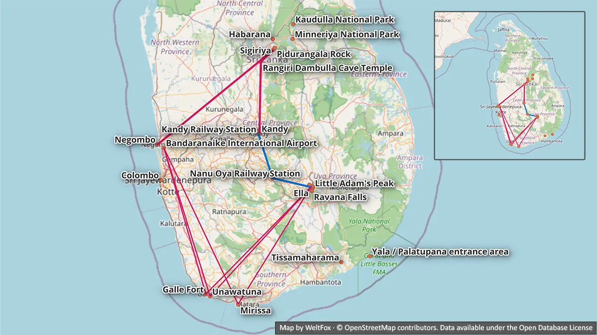 Mapa de un itinerario de siete días por Sri Lanka desde Negombo o Colombo, pasando por Sigiriya, Dambulla y Kandy, seguido del tren azul entre Kandy y Ella y una sola base en la costa sur