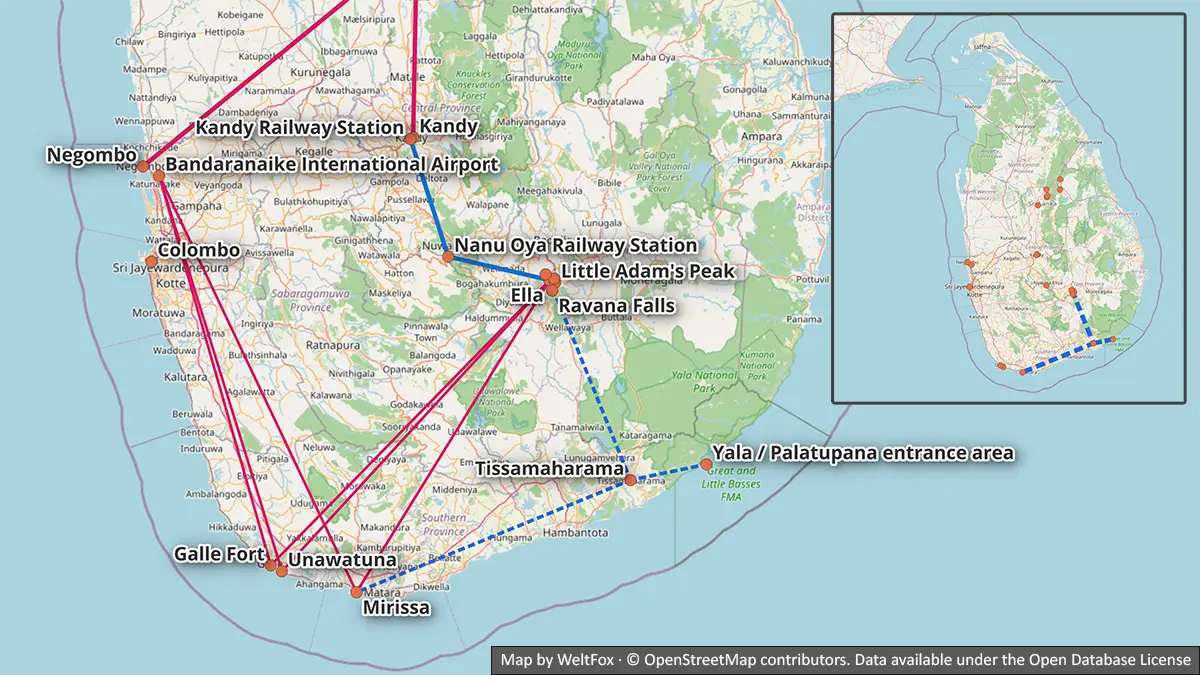 Mapa que compara la ruta directa desde Ella hasta la costa sur con una ruta azul discontinua opcional por Tissamaharama y la zona de entrada de Yala en Palatupana