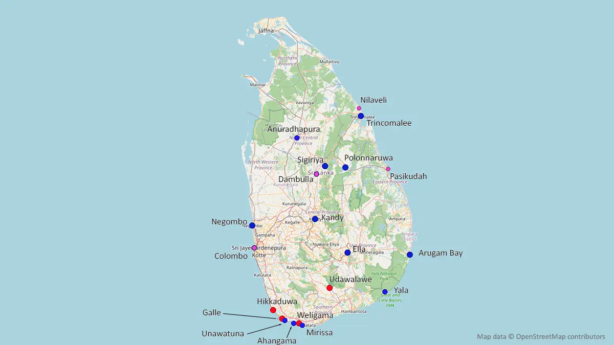 Map of major Sri Lanka tourist transport routes from Colombo to Sigiriya, Kandy, Ella, Arugam Bay, Weligama, Galle, Hikkaduwa and Udawalawe