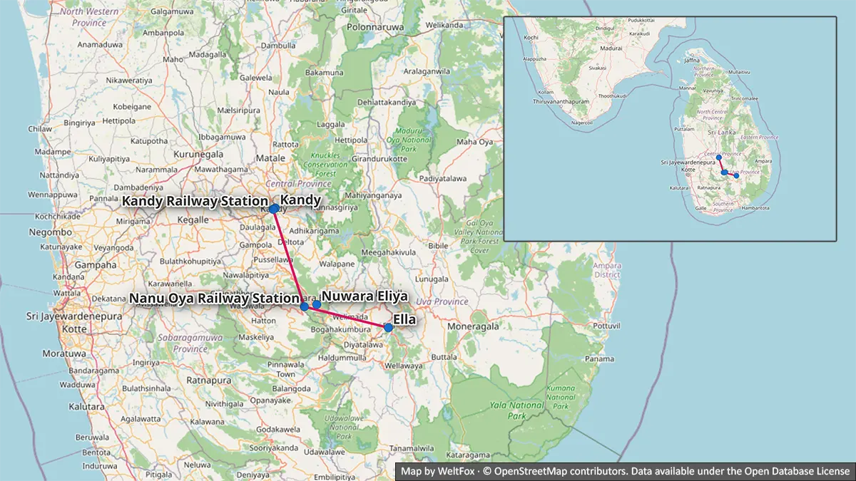 Mapa de la ruta por la región montañosa desde Kandy, pasando por Nanu Oya, hasta Ella, con la conexión por carretera a Nuwara Eliya