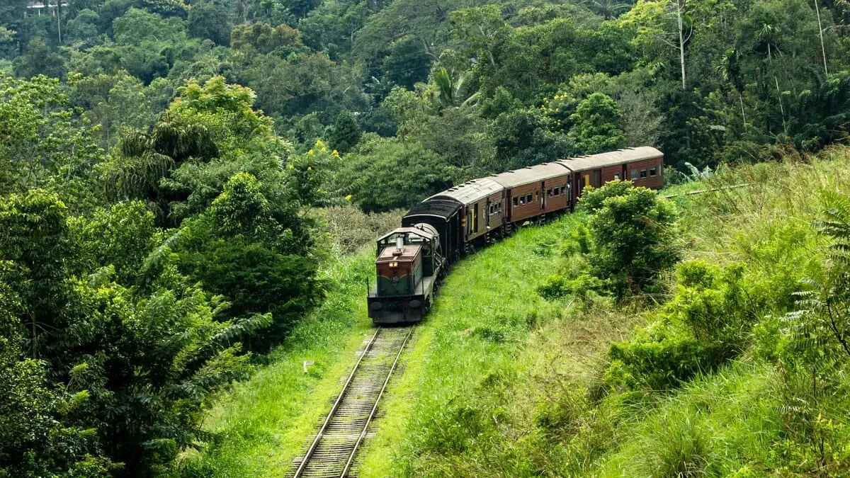 Tren de pasajeros avanzando entre las colinas verdes de la ruta ferroviaria hacia Ella