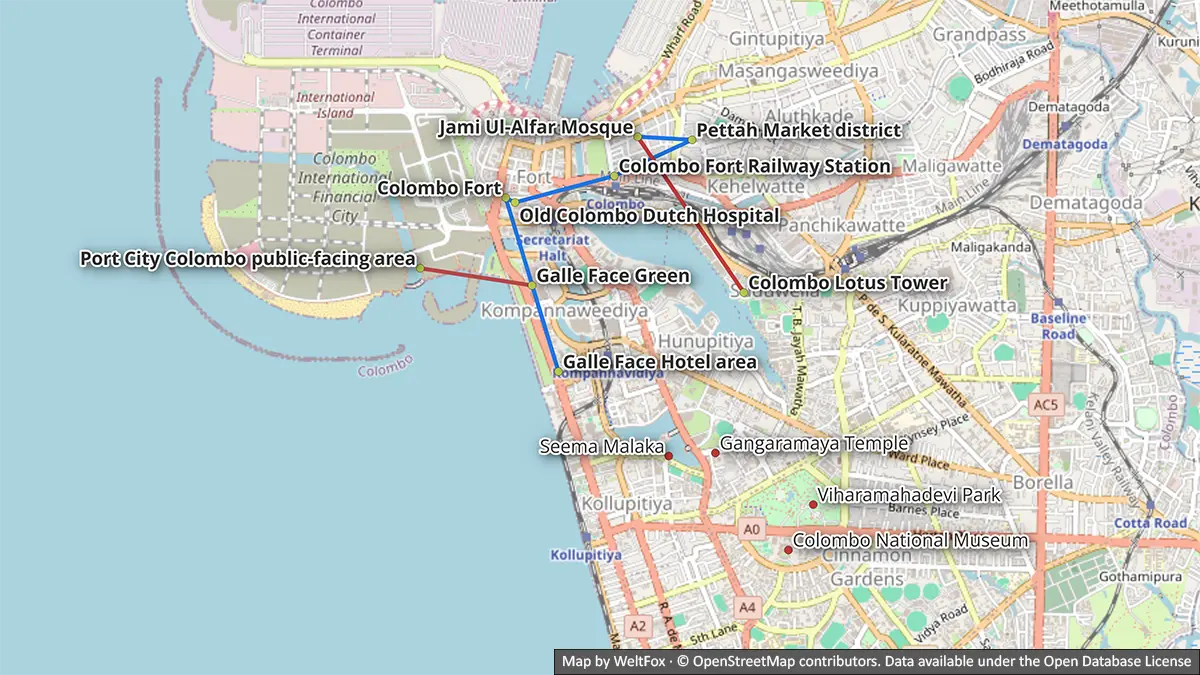 Mapa de la ruta del día 1 en Colombo por Galle Face, Fort, Dutch Hospital, Pettah, la Mezquita Roja y la Torre del Loto