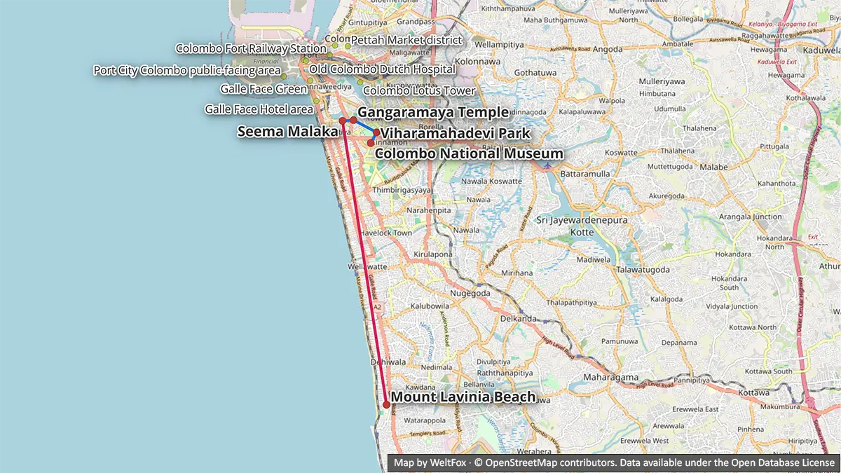 Mapa de la ruta del día 2 en Colombo desde el Museo Nacional y el parque Viharamahadevi hasta Gangaramaya, Seema Malaka y Mount Lavinia