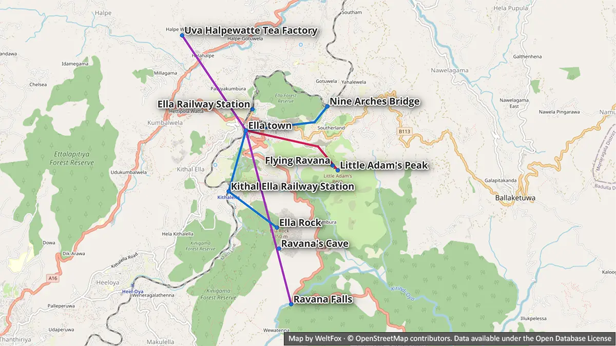 Mapa con las rutas separadas de los días 1, 2 y 3 alrededor de Ella, incluidas Little Adam's Peak, el Puente de los Nueve Arcos, Ella Rock, la fábrica de té Uva Halpewatte y las cataratas de Ravana