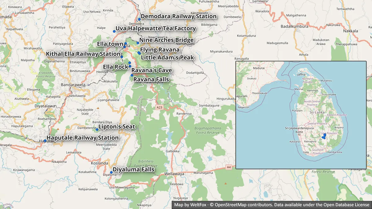 Mapa de Ella, Little Adam's Peak, el Puente de los Nueve Arcos, Ella Rock, la fábrica de té Uva Halpewatte, las cataratas de Ravana, Haputale, Lipton's Seat y Diyaluma