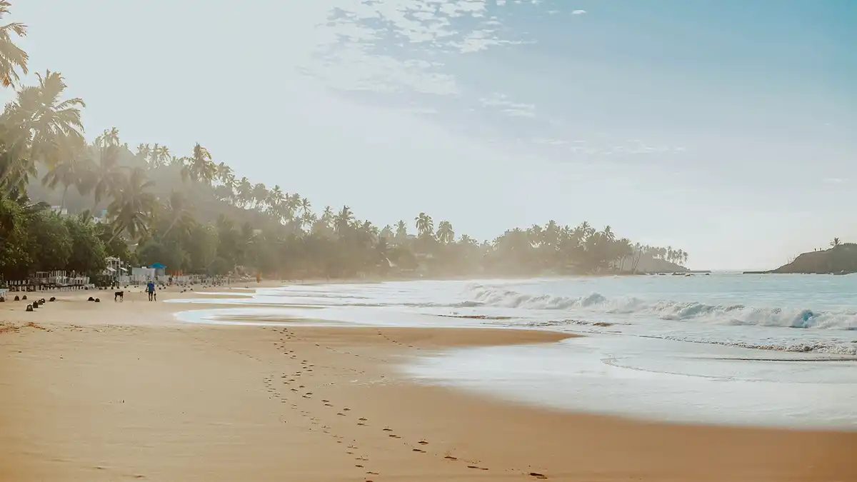 Huellas en la playa de Mirissa, con palmeras y olas pequeñas