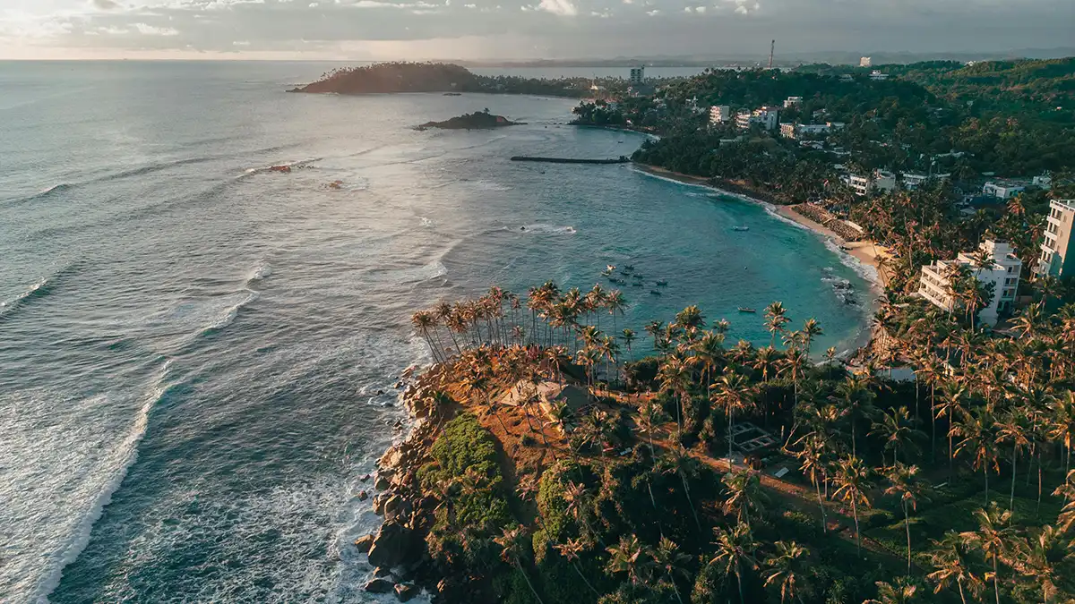 Vista aérea de las bahías y la costa de Mirissa, bordeada de palmeras, en el sur de Sri Lanka