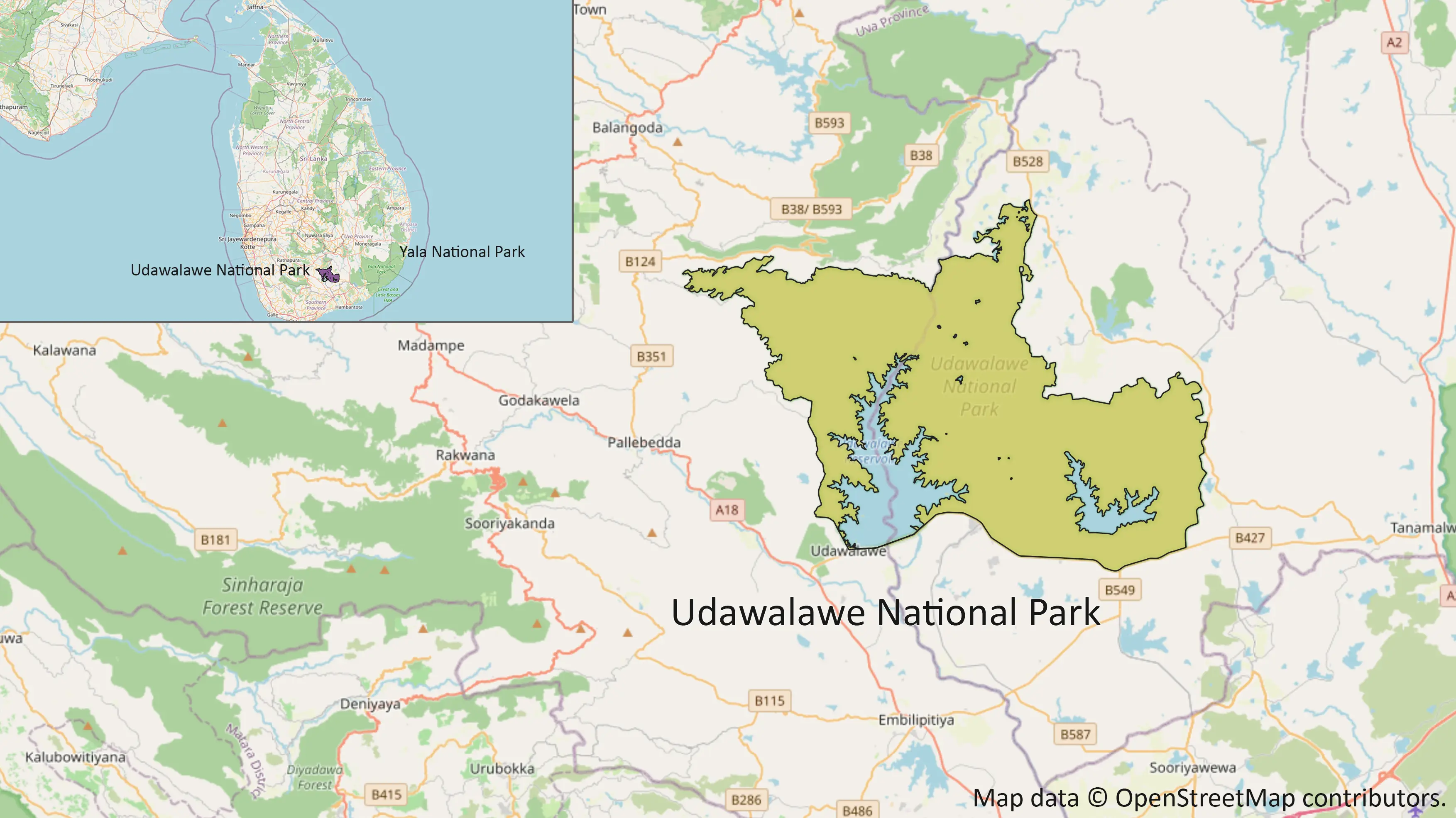 Map of Udawalawe National Park in Sri Lanka near the Ella to south coast route