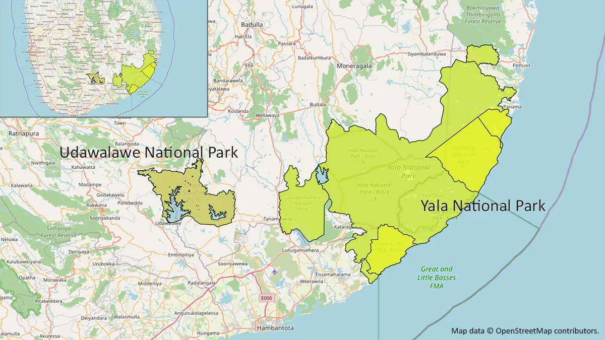 Map showing Yala National Park and Udawalawe National Park in southern Sri Lanka