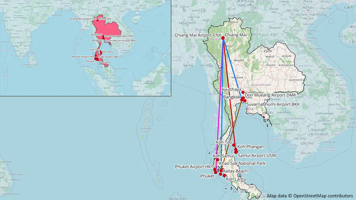 Map showing alternative beach endings for a 10 day Thailand itinerary including Krabi, Phuket and Koh Samui