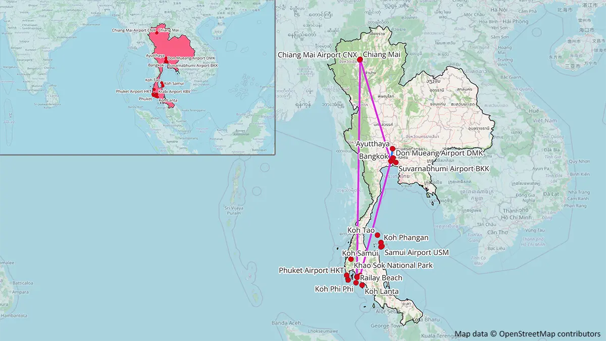 Map showing the default 10 day Thailand itinerary route from Bangkok to Chiang Mai, Ao Nang or Krabi, and back to Bangkok