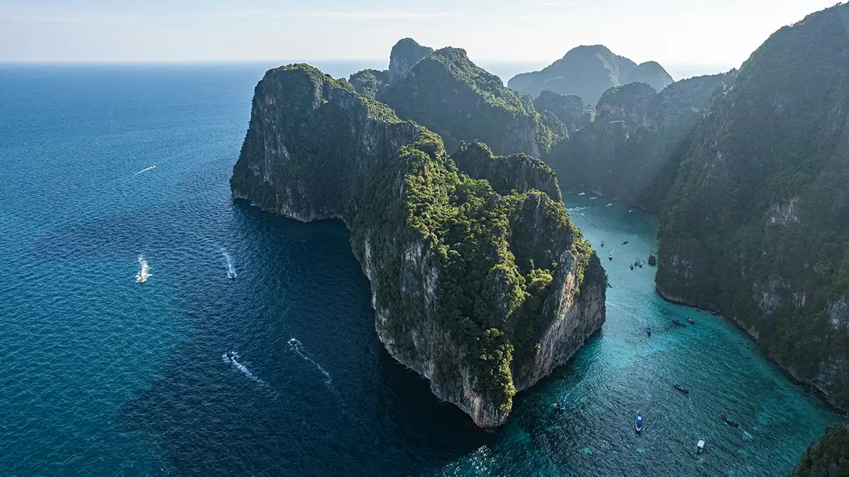 Koh Phi Phi Leh limestone cliffs and clear water in Krabi Thailand