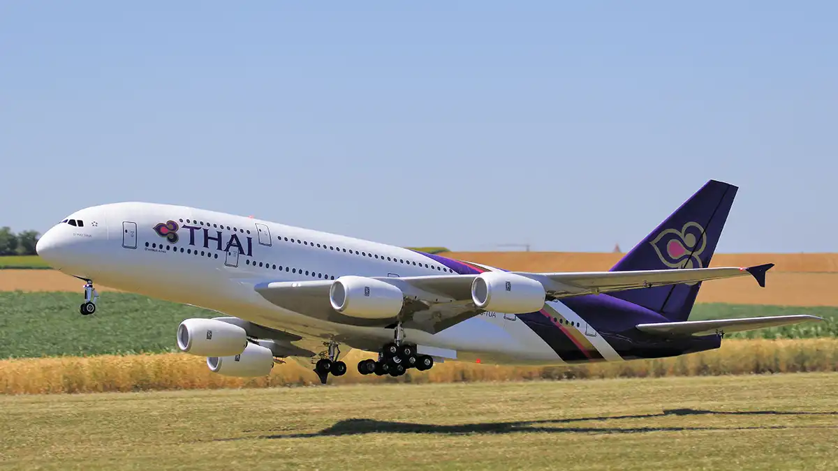 Thai Airways plane landing on a domestic travel route