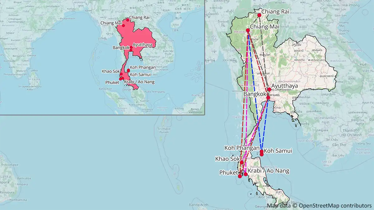 Map showing alternative 2 week Thailand itinerary routes including Phuket, Koh Samui, Koh Phangan, Khao Sok and Chiang Rai