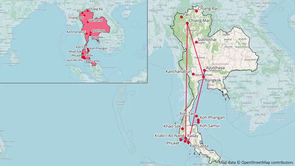 Map showing a 2 week Thailand itinerary route from Bangkok to Chiang Mai, Krabi or Ao Nang, Koh Lanta, and back to Bangkok