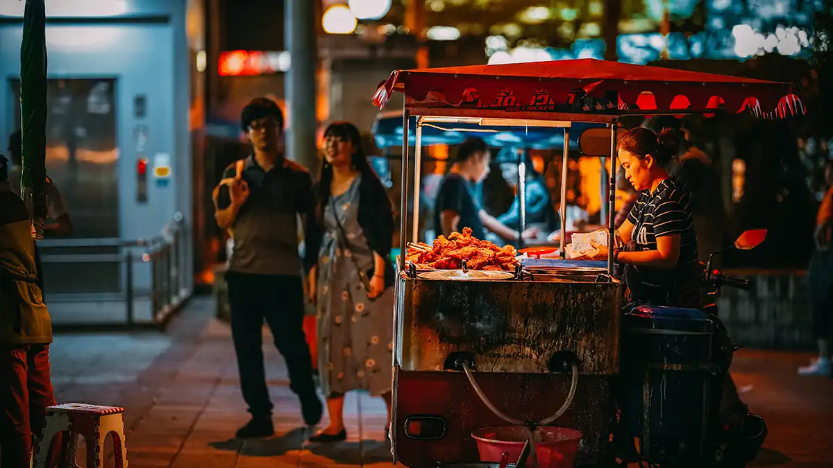 Thai street food stalls at night in Bangkok