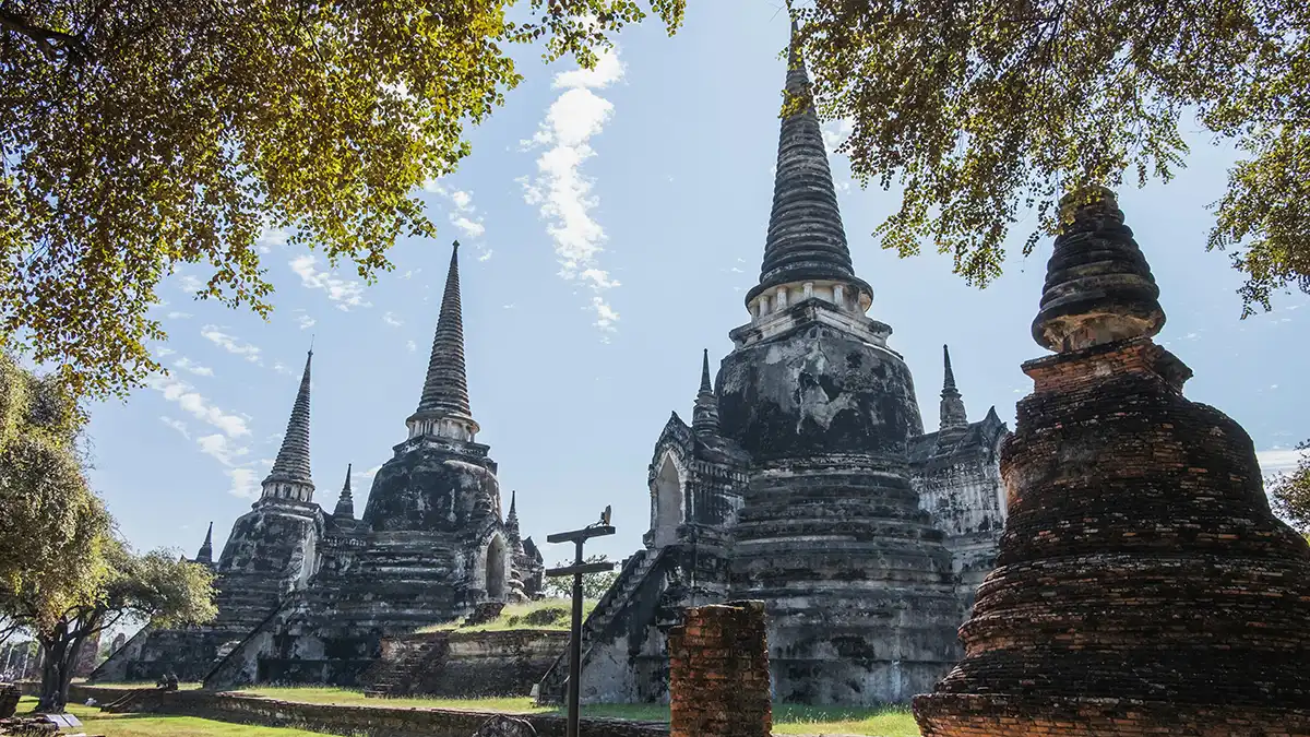 Historic temple ruins in Ayutthaya Thailand on an optional backpacking day trip