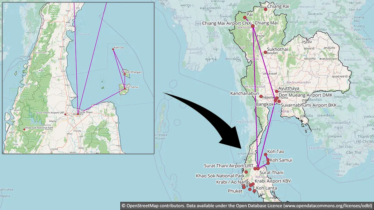 Map showing a three-week Thailand Gulf islands route through Bangkok, Chiang Mai, Pai, Surat Thani, Koh Samui, Koh Tao and Koh Phangan