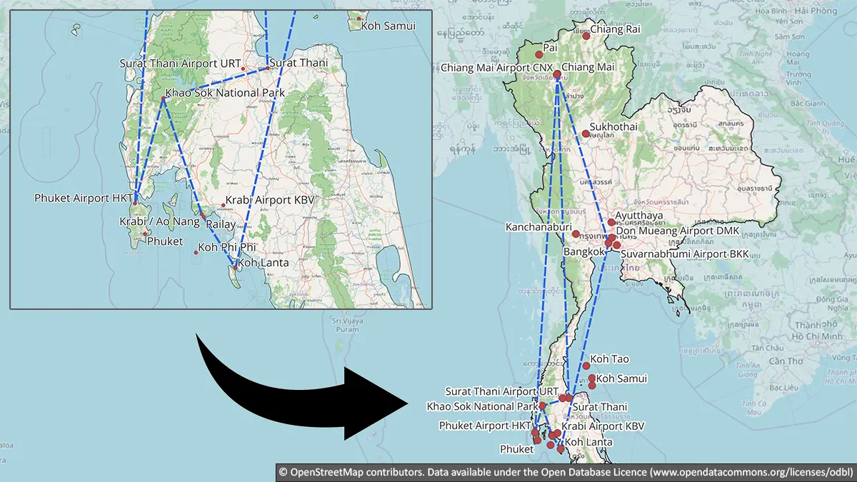 Map showing a nature-focused three-week Thailand route through Bangkok, Chiang Mai, Khao Sok, Krabi and Koh Lanta