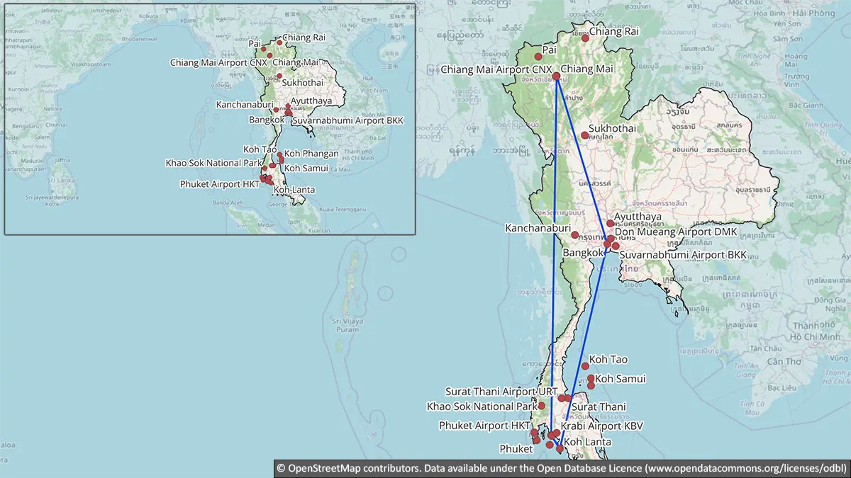 Map showing a slower low-transfer Thailand route through Bangkok, Chiang Mai, Krabi, Railay and Koh Lanta