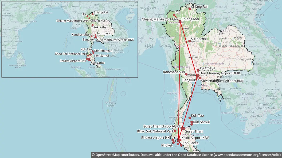 Map showing the recommended three-week Thailand backpacking route from Bangkok to Chiang Mai, Pai, Krabi, Koh Lanta and back to Bangkok