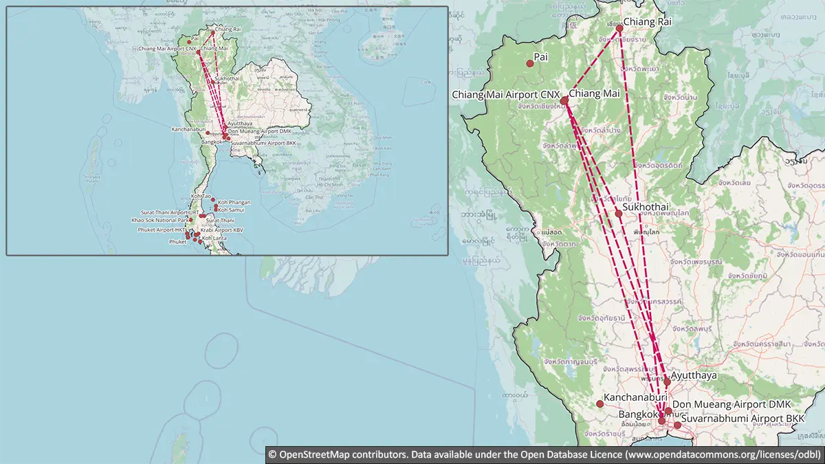 Map showing northern Thailand culture routes through Bangkok, Ayutthaya, Sukhothai, Chiang Mai and Chiang Rai